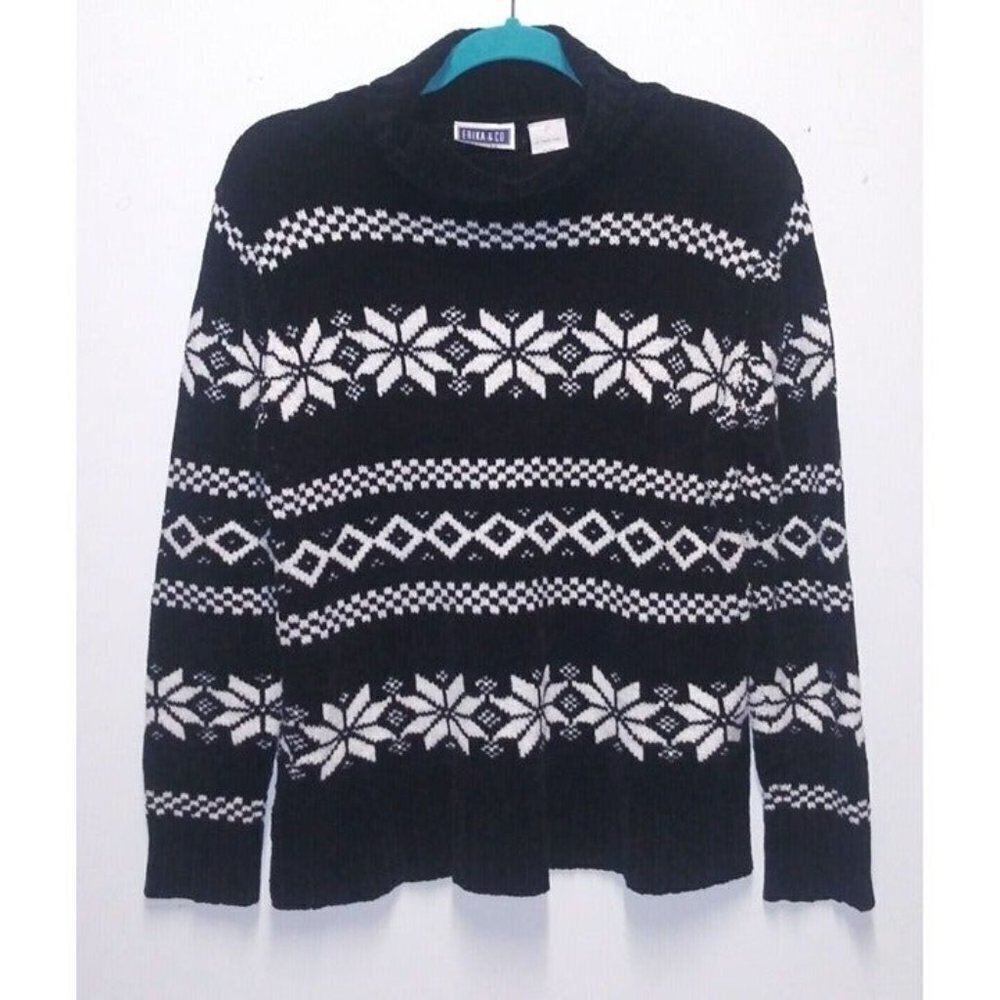 VTG 80s Erika & Co Sweater Pullover womens PM Nordic fair isle knit Black white